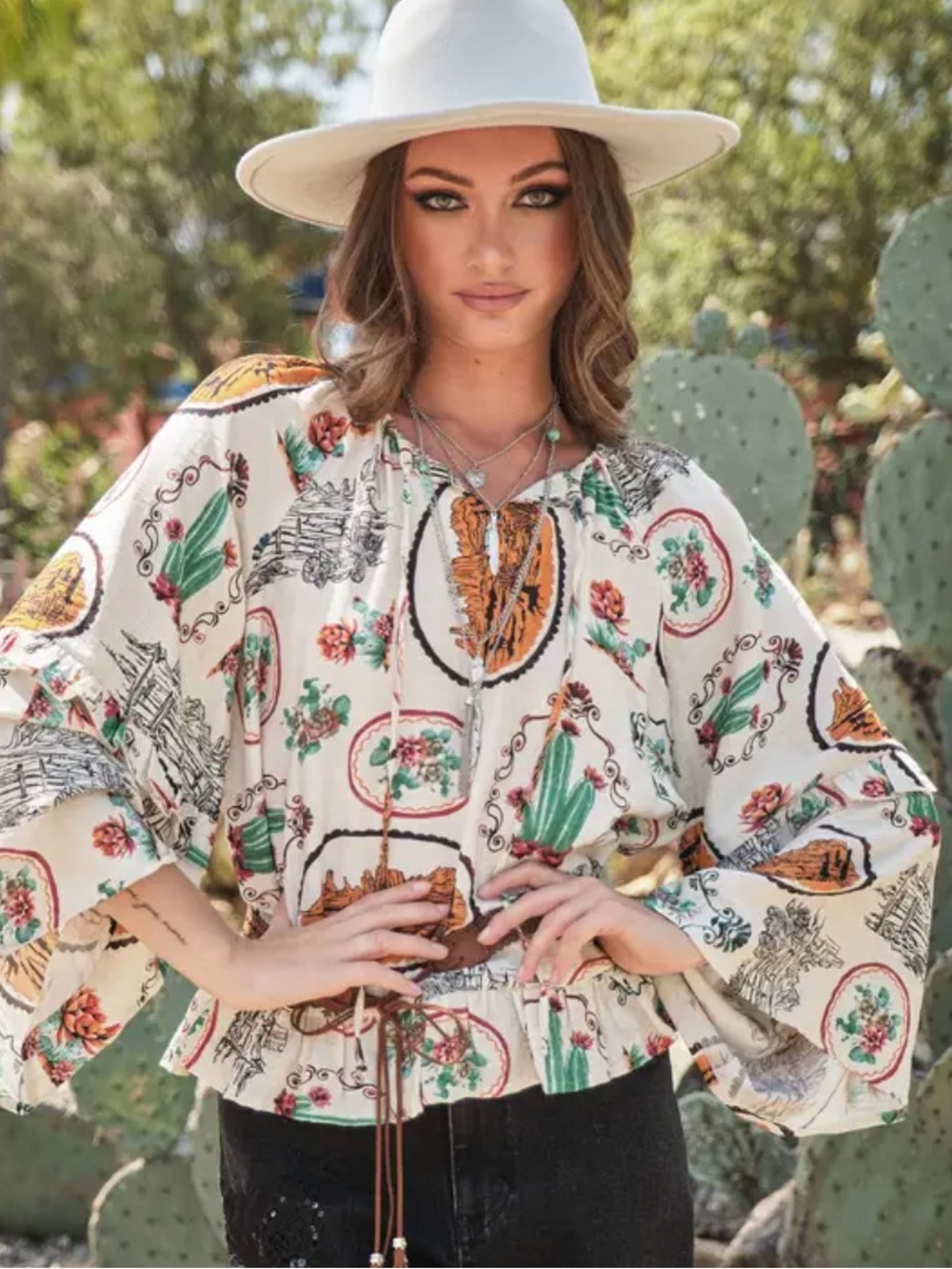 NWT blue b Boho Floral Desert Print Peasant Blouse - Cream